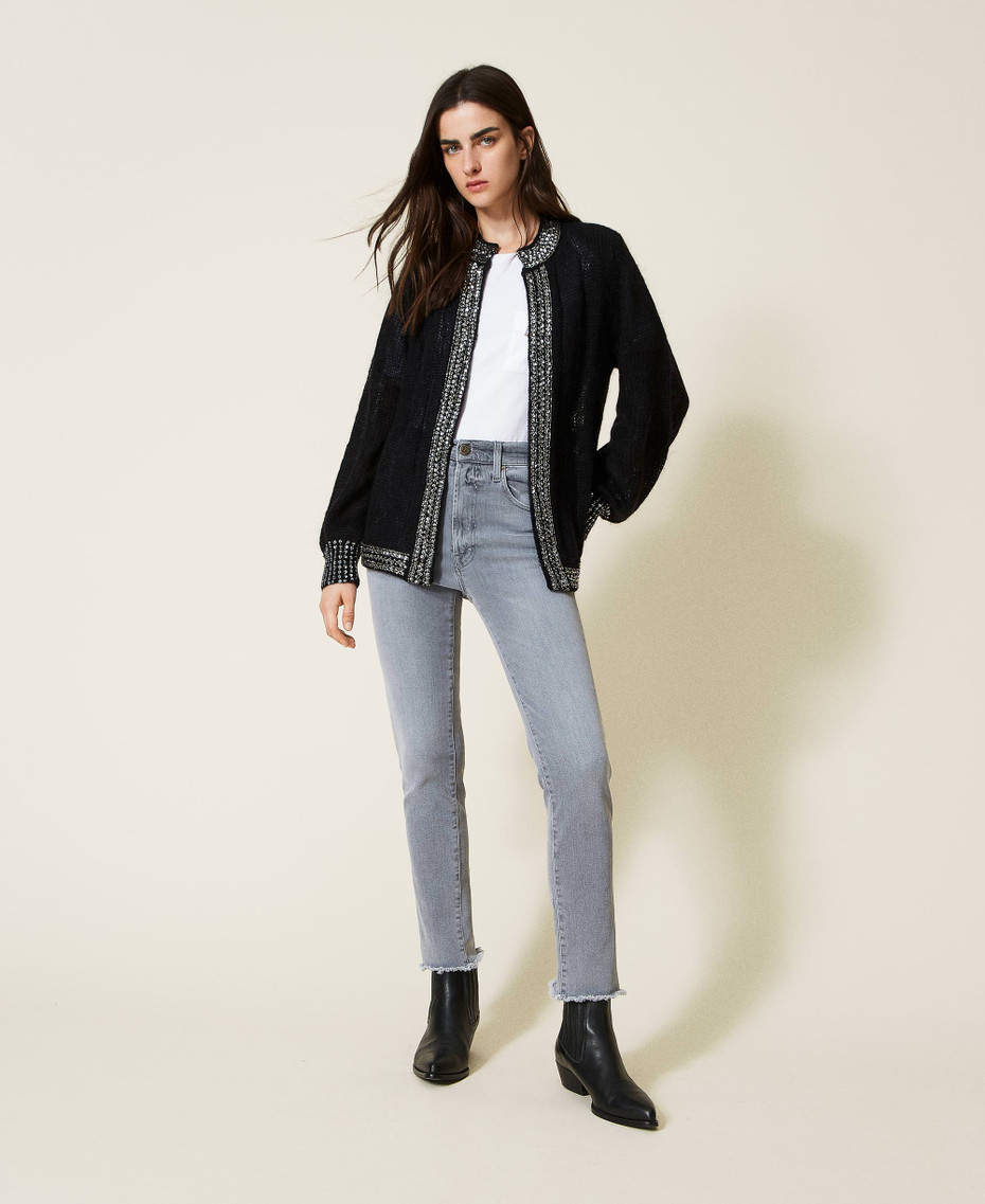 Cardigan Chic En Mohair Et Acrylique - Broderie Sur Les Manches, Motif Losanges - Taille S/M