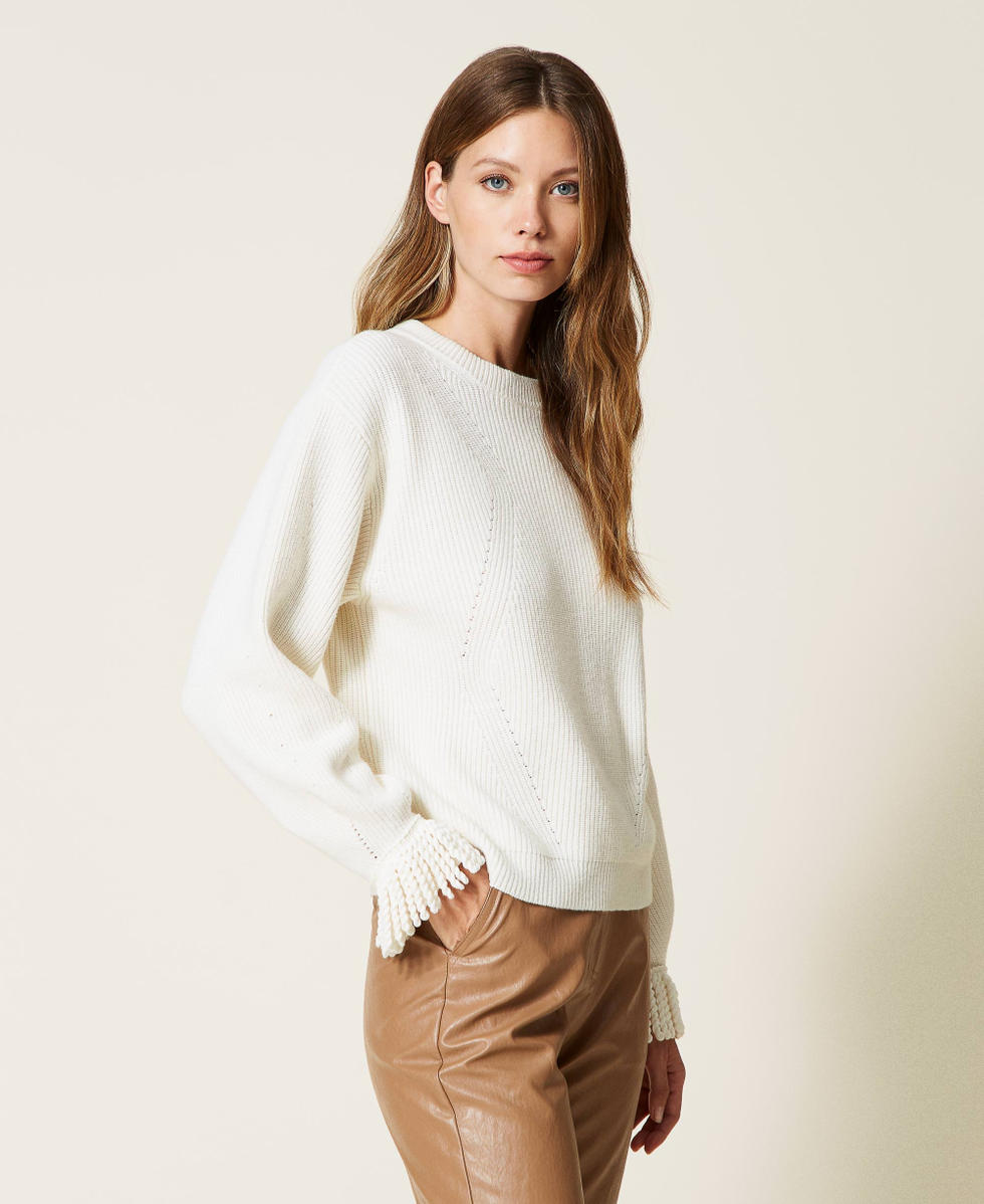 Jersey de mezcla de lana con flecos Mujer Blanco TWINSET Milano