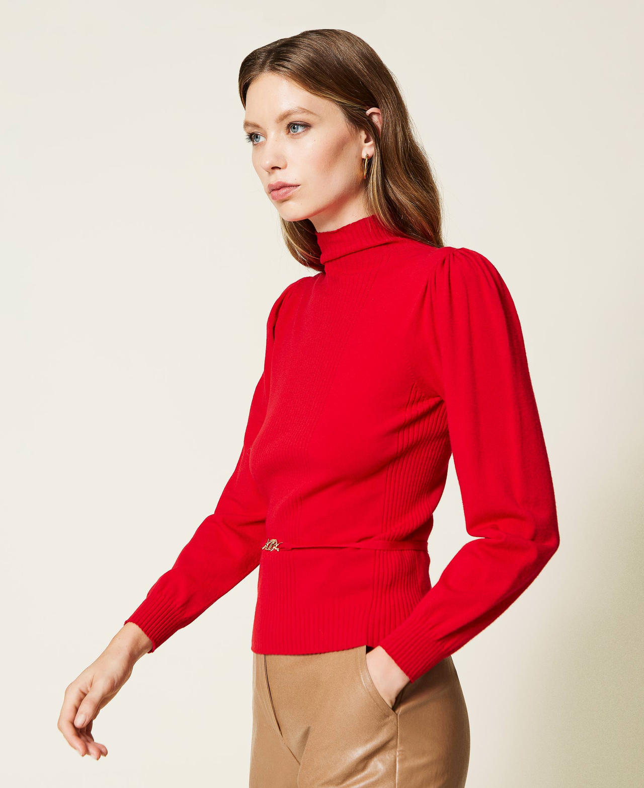 Seamless jumper with Oval t clasp Poppy Red Woman 222TT3191-02