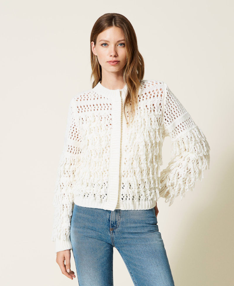 Blouson en maille de laine mélangée avec franges Blanc Neige Femme 222TT3241-02