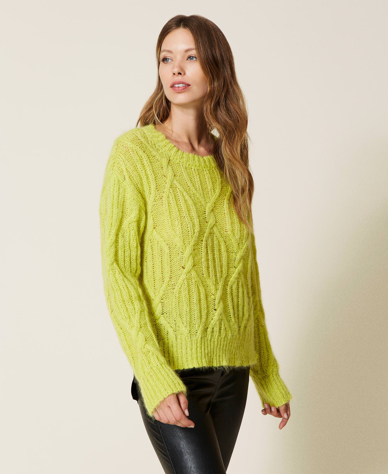 Mohair blend cable knit jumper "Kiwi Colada" Green Woman 222TT3340-03