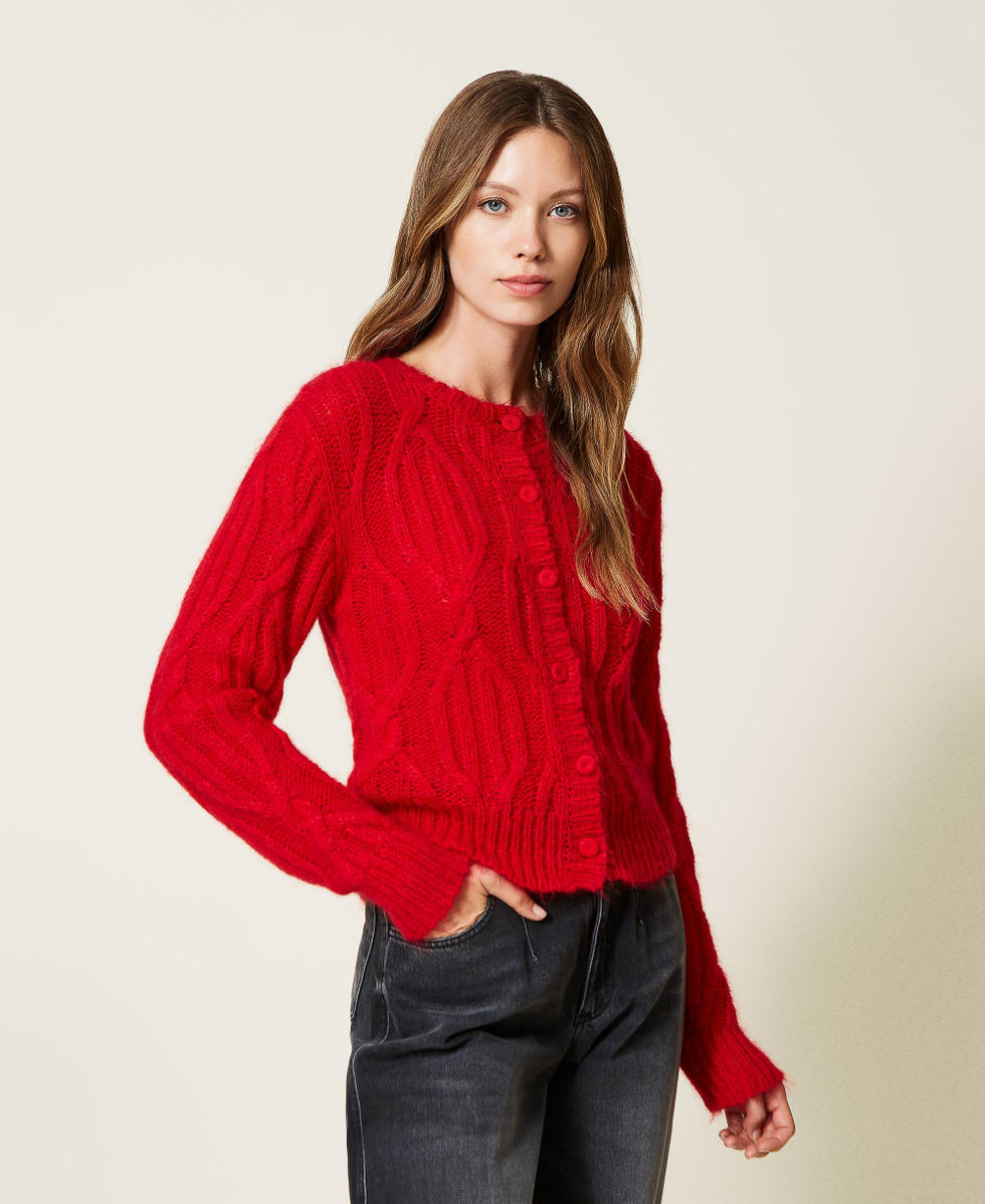 Red cable knit cardigan womens discount