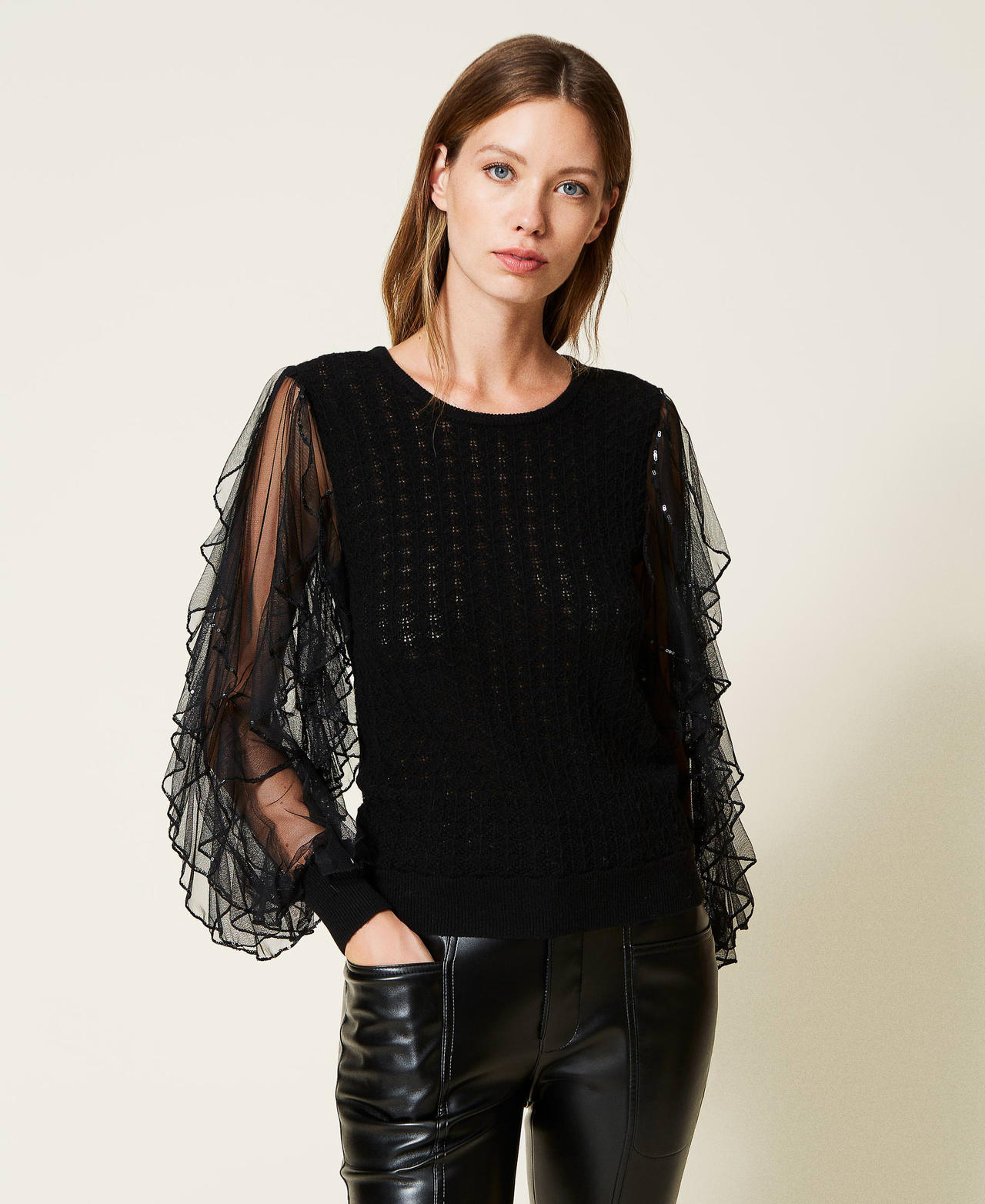 Jumper with tulle and sequin sleeves Black Woman 222TT3380-02