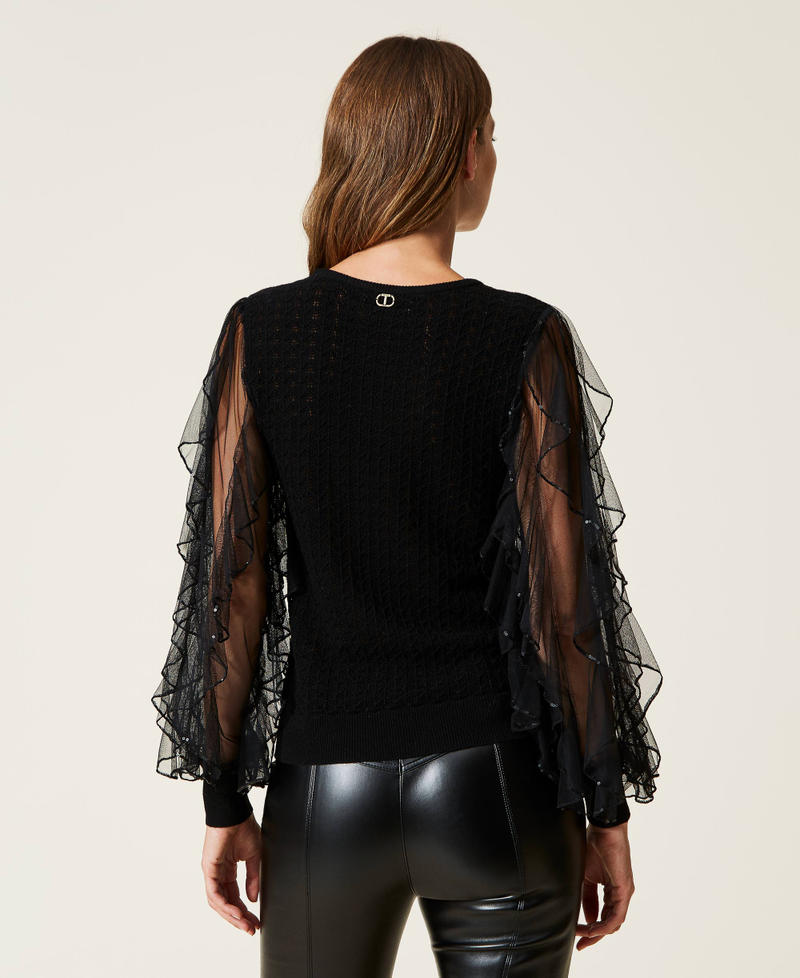 Jumper with tulle and sequin sleeves Black Woman 222TT3380-03