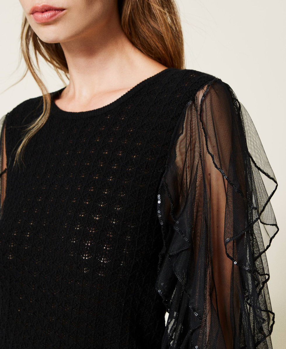 Maglia con maniche in tulle e paillettes Donna Nero TWINSET Milano