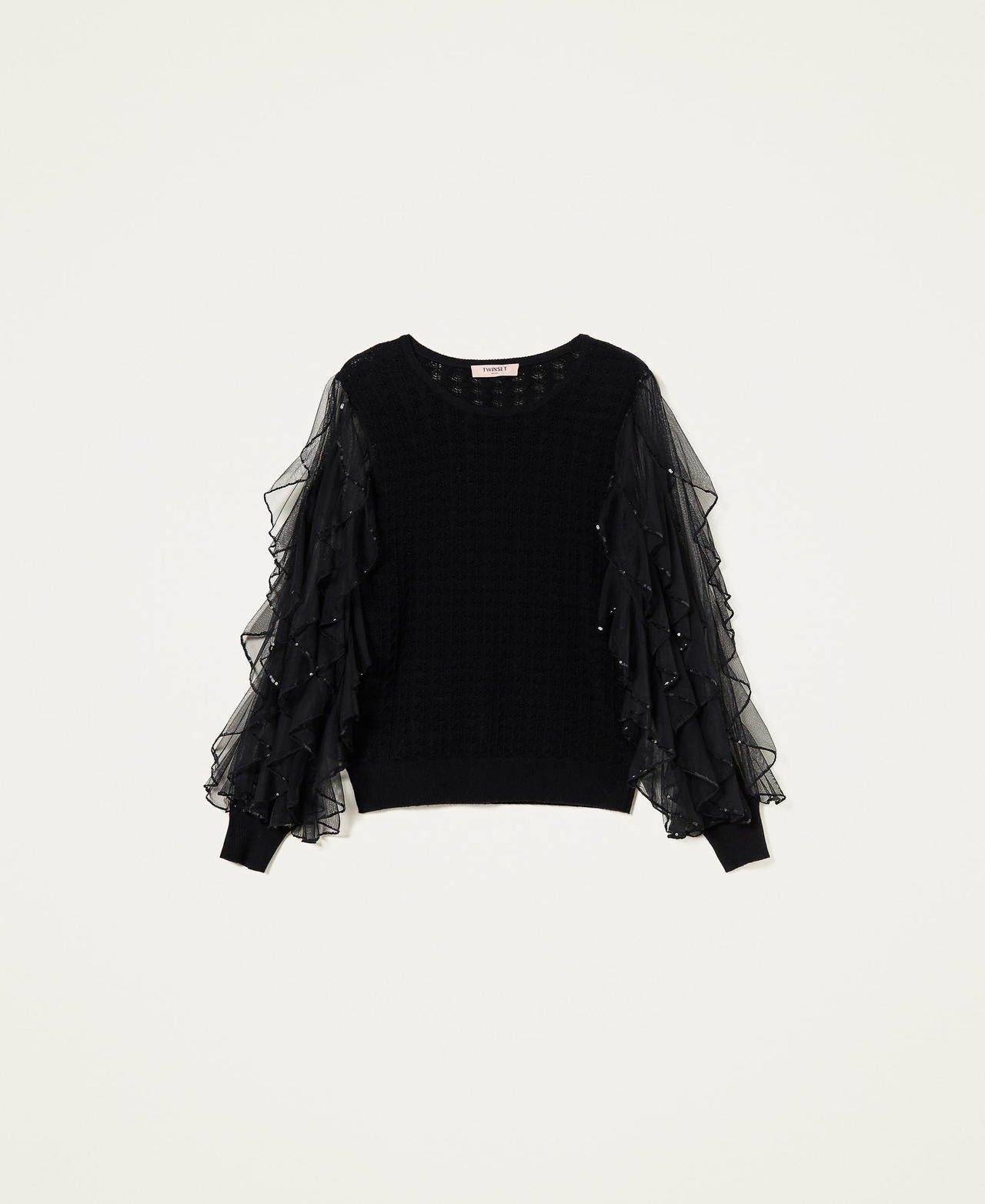 Maglia con maniche in tulle e paillettes