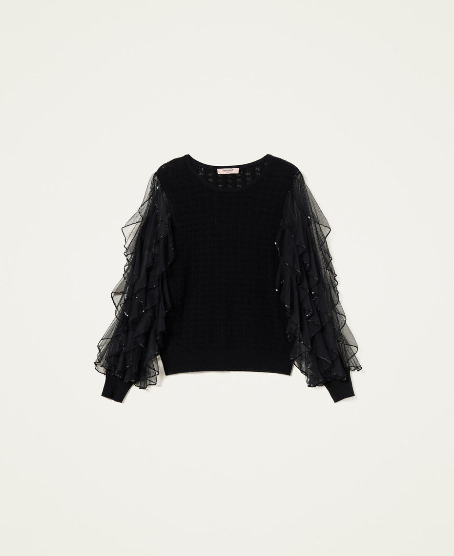 Jumper with tulle and sequin sleeves Black Woman 222TT3380-0S