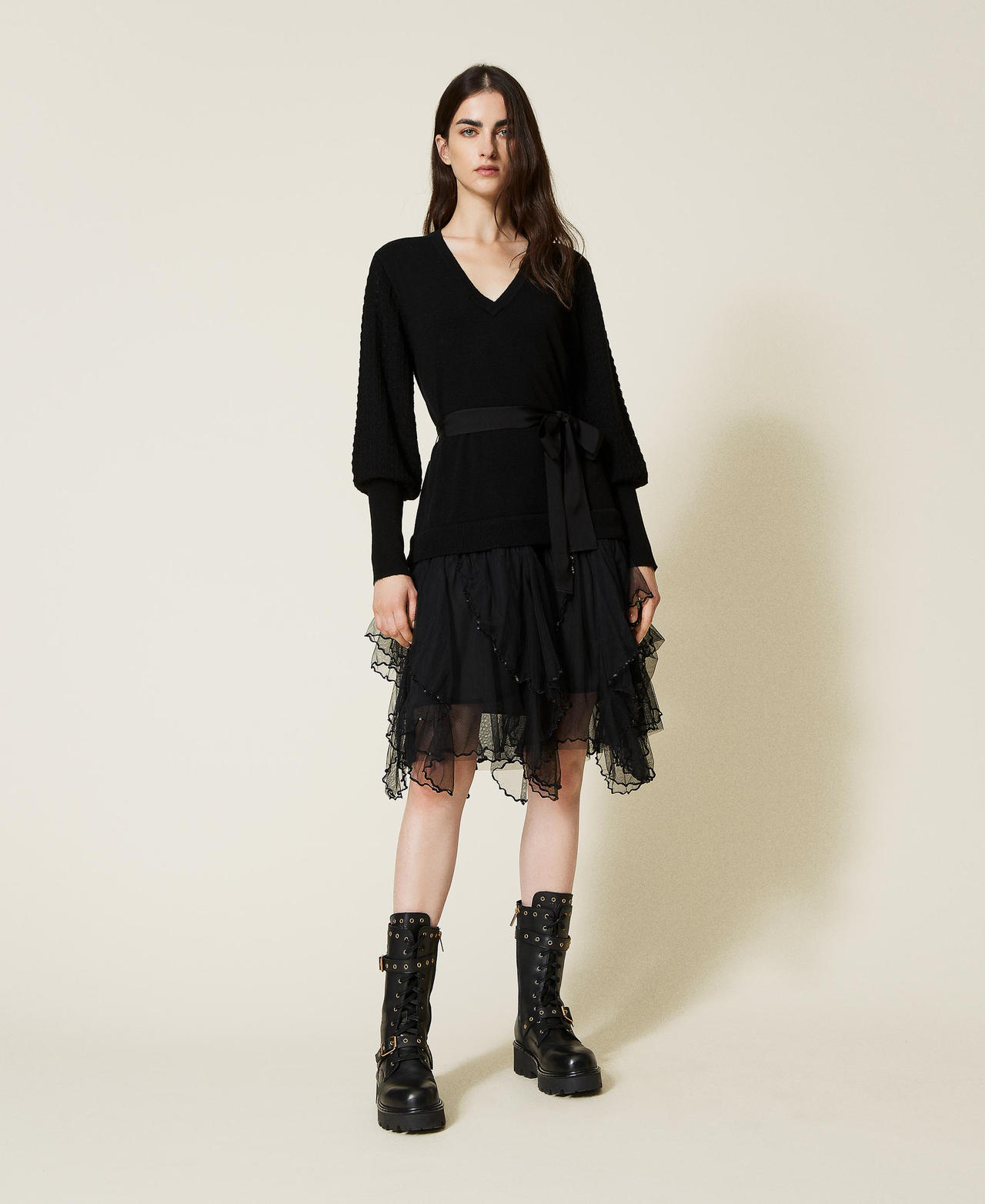 Knitted dress with tulle and sequins Black Woman 222TT3381-02