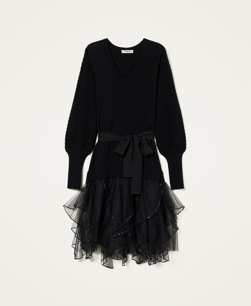 Knitted dress with tulle and sequins Black Woman 222TT3381-0S