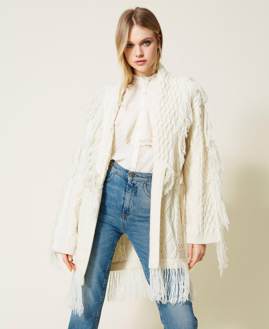 Wool blend cardigan with fringes White Snow Woman 222TT3440-04