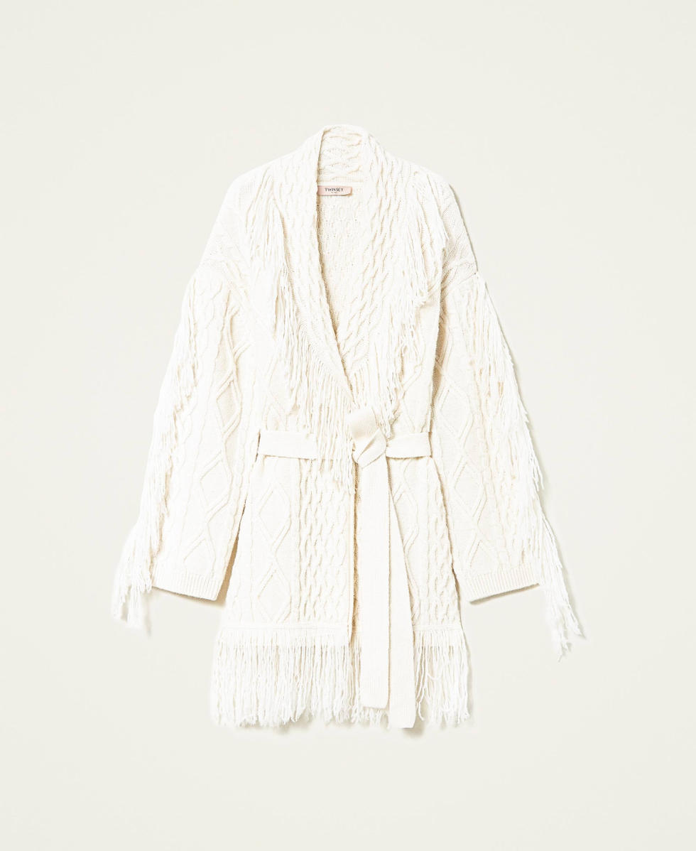 Wool blend cardigan with fringes Woman, White | TWINSET Milano