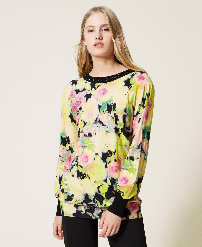 Dual use jumper with logo and handmade embroidery Neon Crazy Flowers Print Woman 222TT3511-04