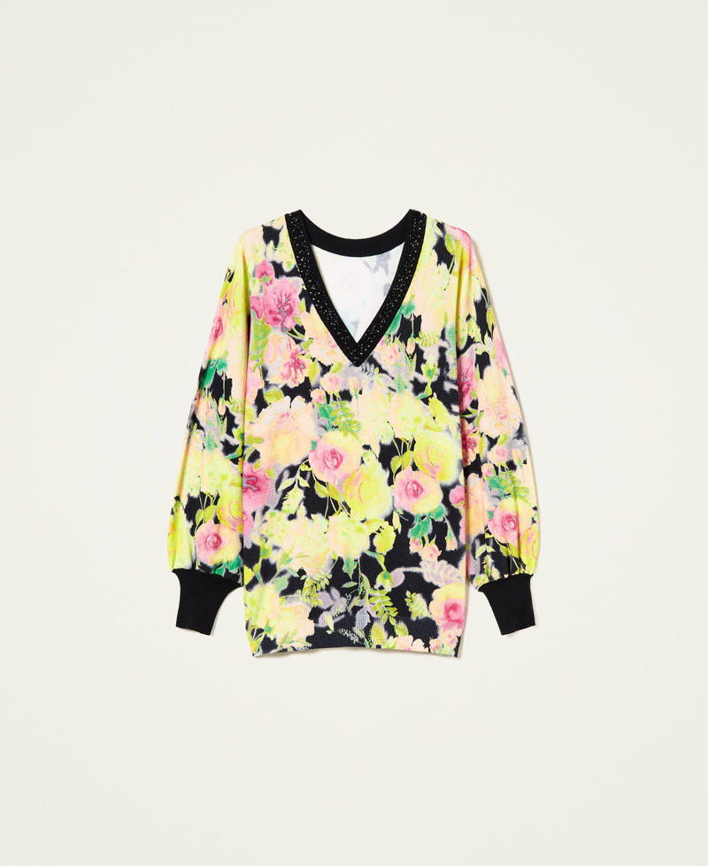 Dual use jumper with logo and handmade embroidery Neon Crazy Flowers Print Woman 222TT3511-0S