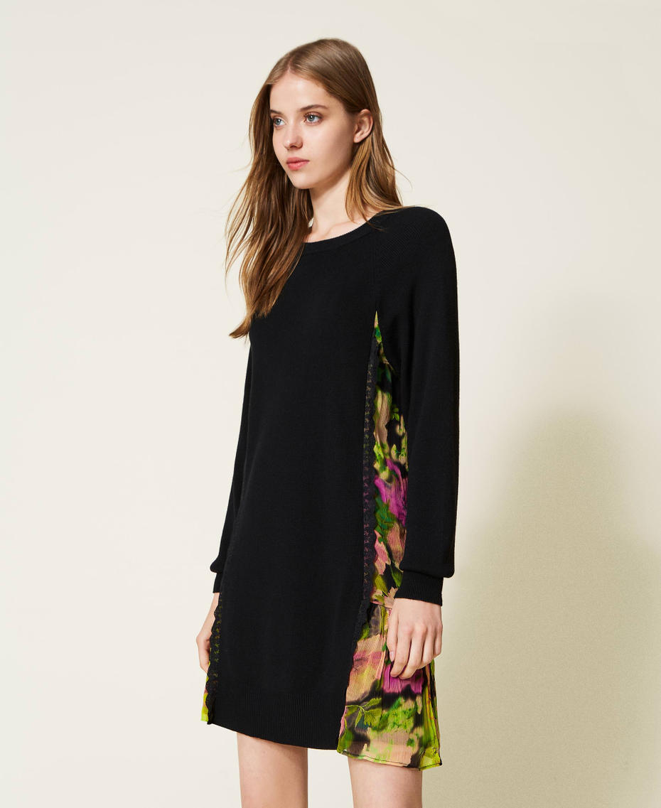 Abito corto in maglia con inserti a fiori Bicolor Nero / Stampa Crazy Flowers Fluo Donna 222TT3531_10266_01