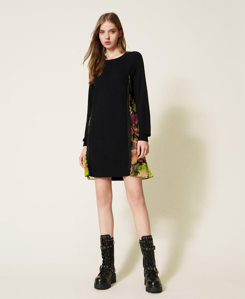 Abito corto in maglia con inserti a fiori Bicolor Nero / Stampa Crazy Flowers Fluo Donna 222TT3531_10266_02