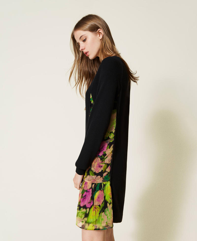 Abito corto in maglia con inserti a fiori Bicolor Nero / Stampa Crazy Flowers Fluo Donna 222TT3531_10266_03
