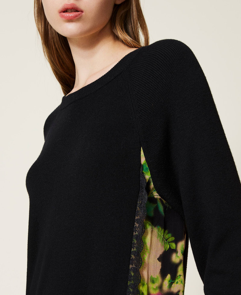 Abito corto in maglia con inserti a fiori Bicolor Nero / Stampa Crazy Flowers Fluo Donna 222TT3531_10266_05