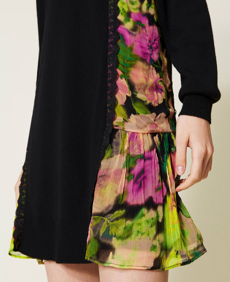 Abito corto in maglia con inserti a fiori Bicolor Nero / Stampa Crazy Flowers Fluo Donna 222TT3531_10266_06