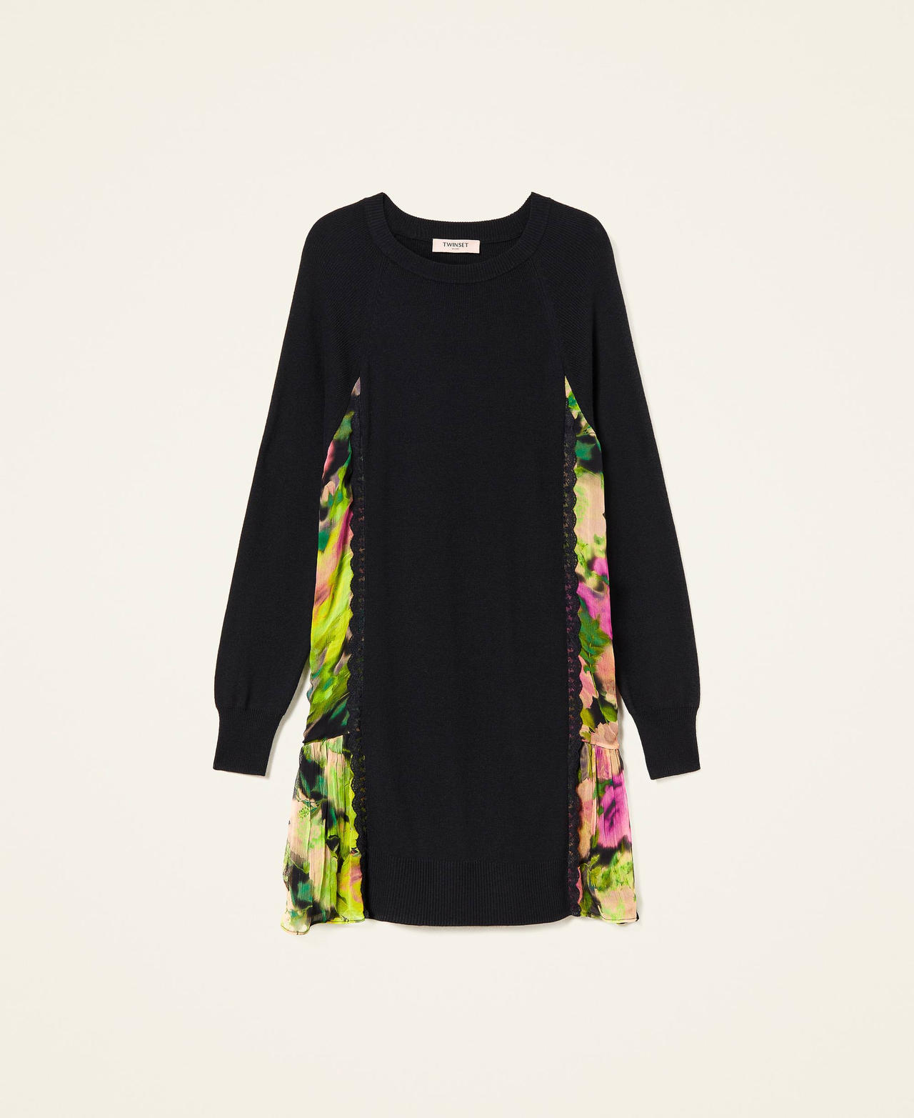 Short knit dress with floral inserts Two-tone Black / Neon Crazy Flowers Print Woman 222TT3531-0S