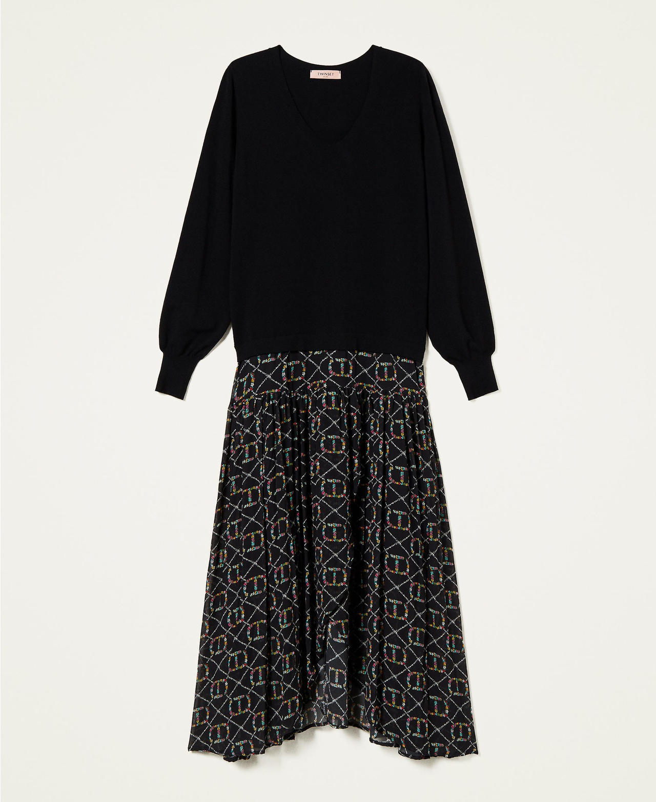 Бесшовное платье со вставкой из жоржета Двухцветный Черный/Узор Oval T Цветок/Черный женщина 222TT3550-0S