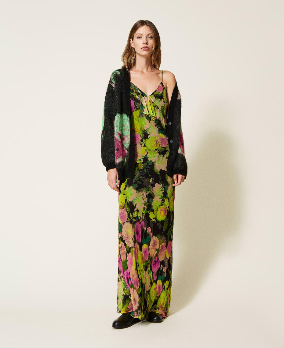 Pique jacquard mohair blend cardigan Multicolour Neon Crazy Flowers Jacquard Woman 222TT3571-0T