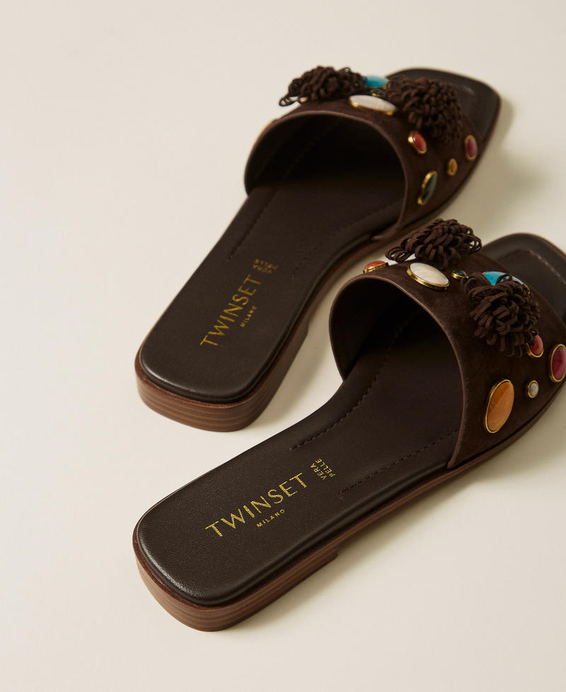 Suede slides with decorative stones Coffee Liqueur Woman 261TGT062_12110_03