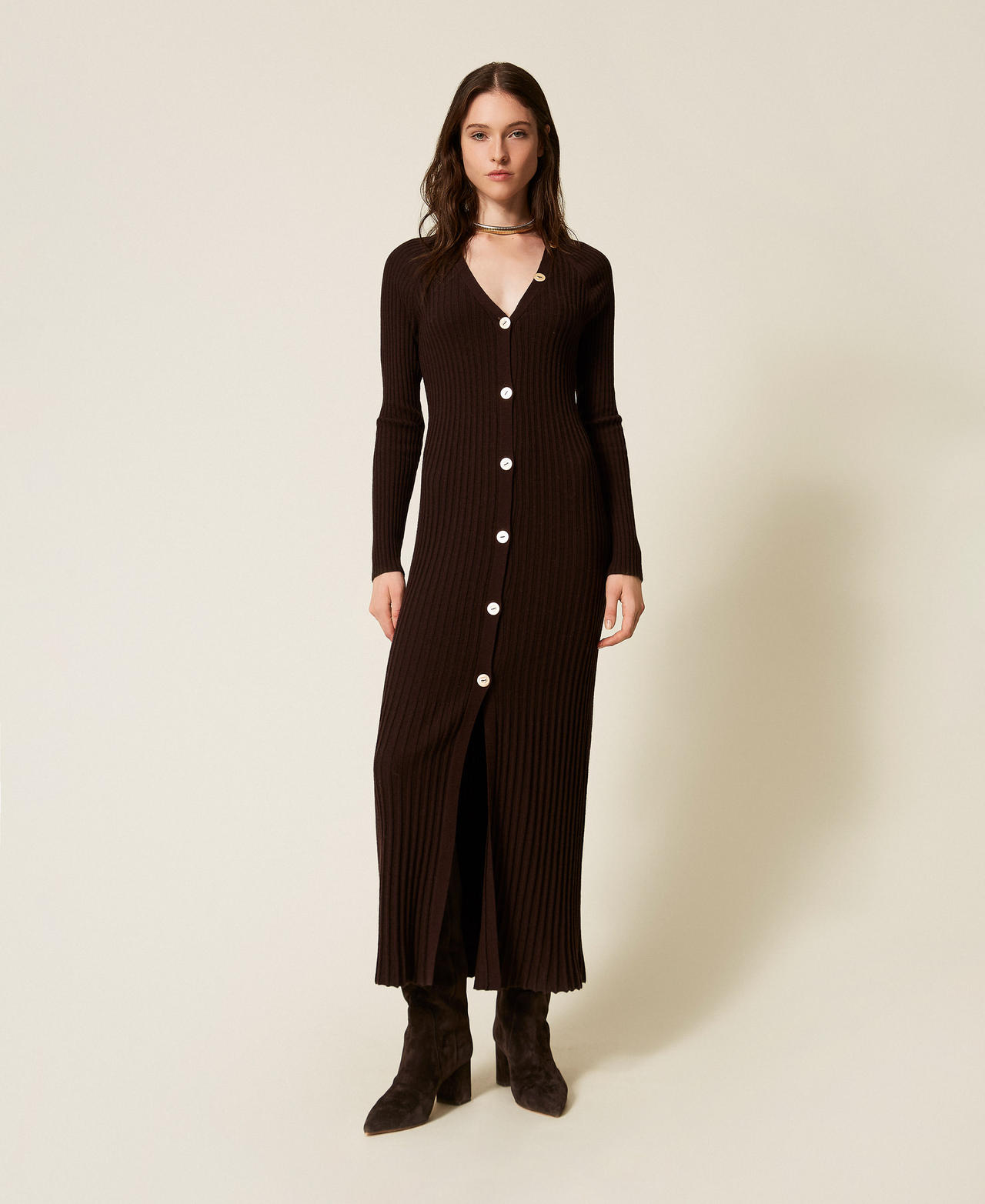Long wool blend rib knit cardigan dress Black Chocolate Woman 252TT3400_11054_02