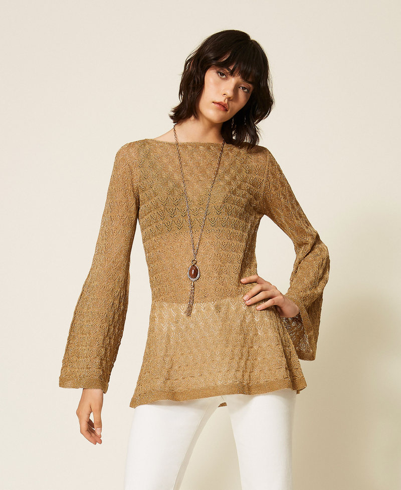 Tunikapullover mit ausgestellten &Auml;rmeln Golden Green Lurex Frau 262TP3Q32_12454_02