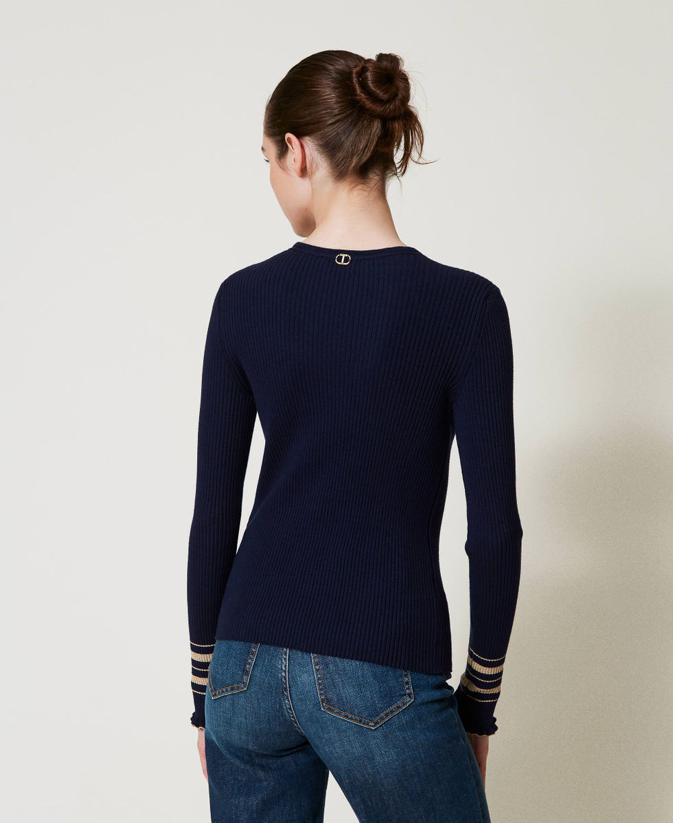Pull c&ocirc;tel&eacute; avec rayures lurex Bicolore Blue Night/Beige &laquo;&nbsp;Rope&nbsp;&raquo; Lurex Or Femme 251TP3422_12335_03