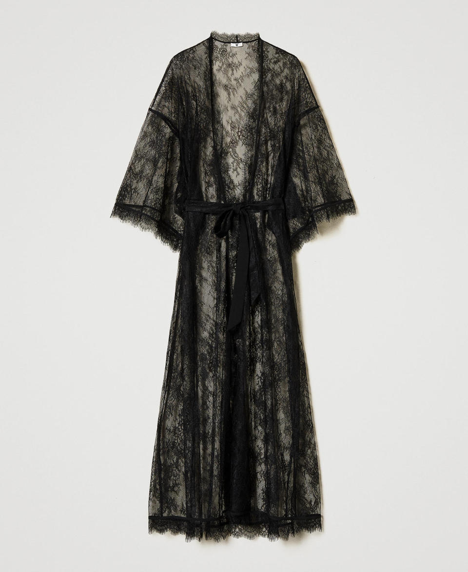 Long lace dressing gown with belt Black Woman 242LL2BAA_00006_S0