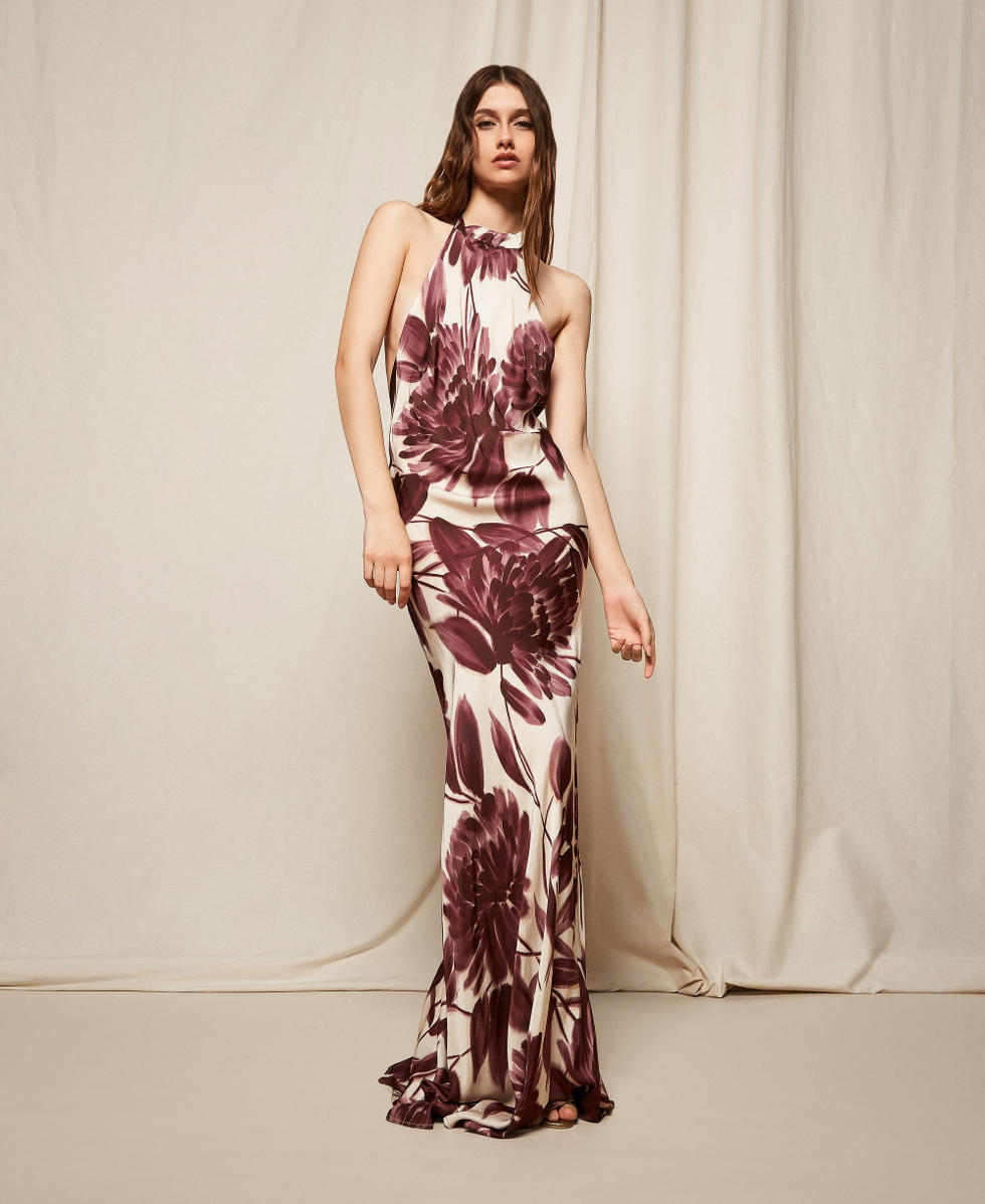 Long floral print dress Winetasting/Old White Dahlia Print Woman 252TP2705_12785_PC