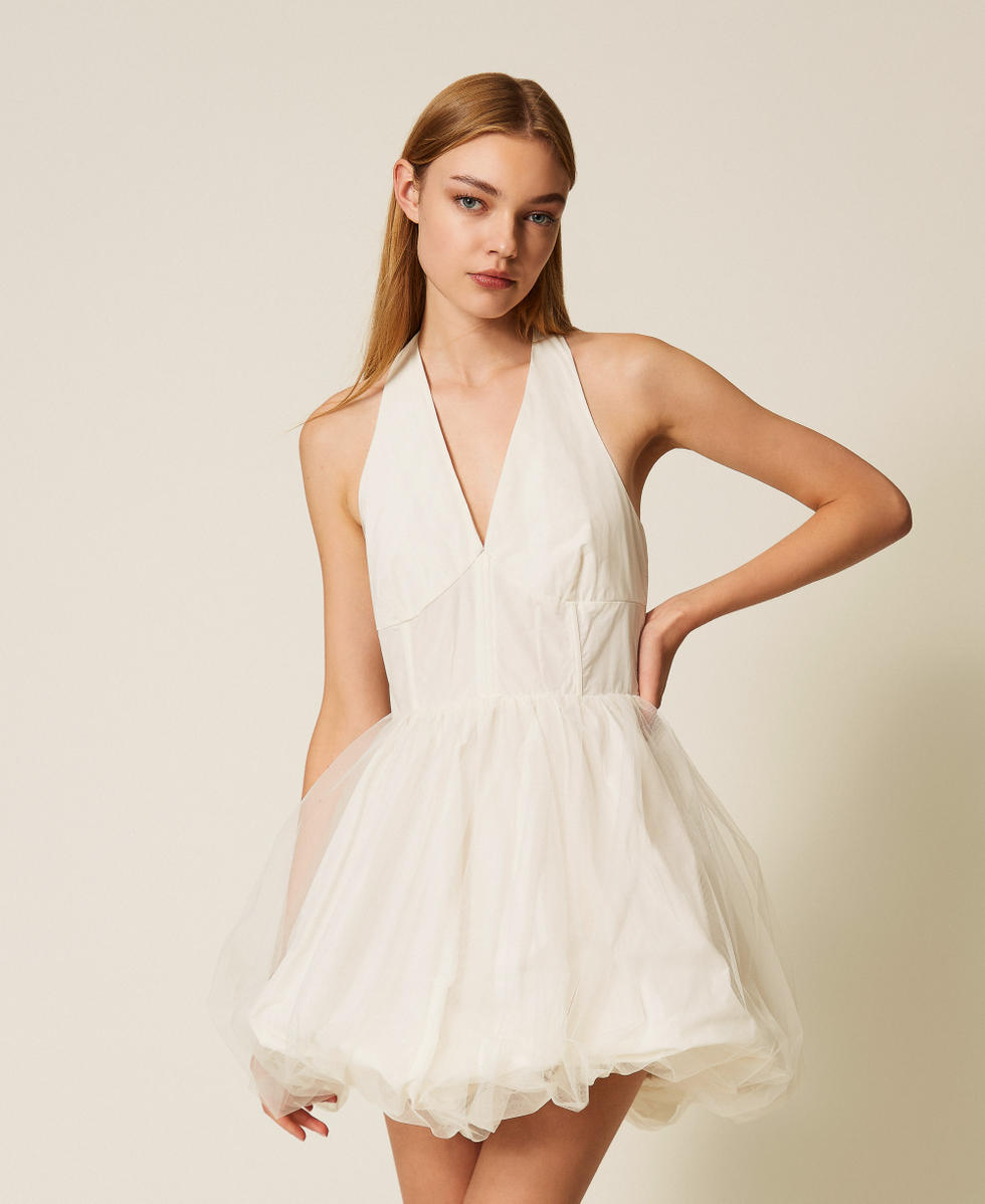 Robe courte en taffetas et tulle Nacre Femme 252TT2283_00059_01