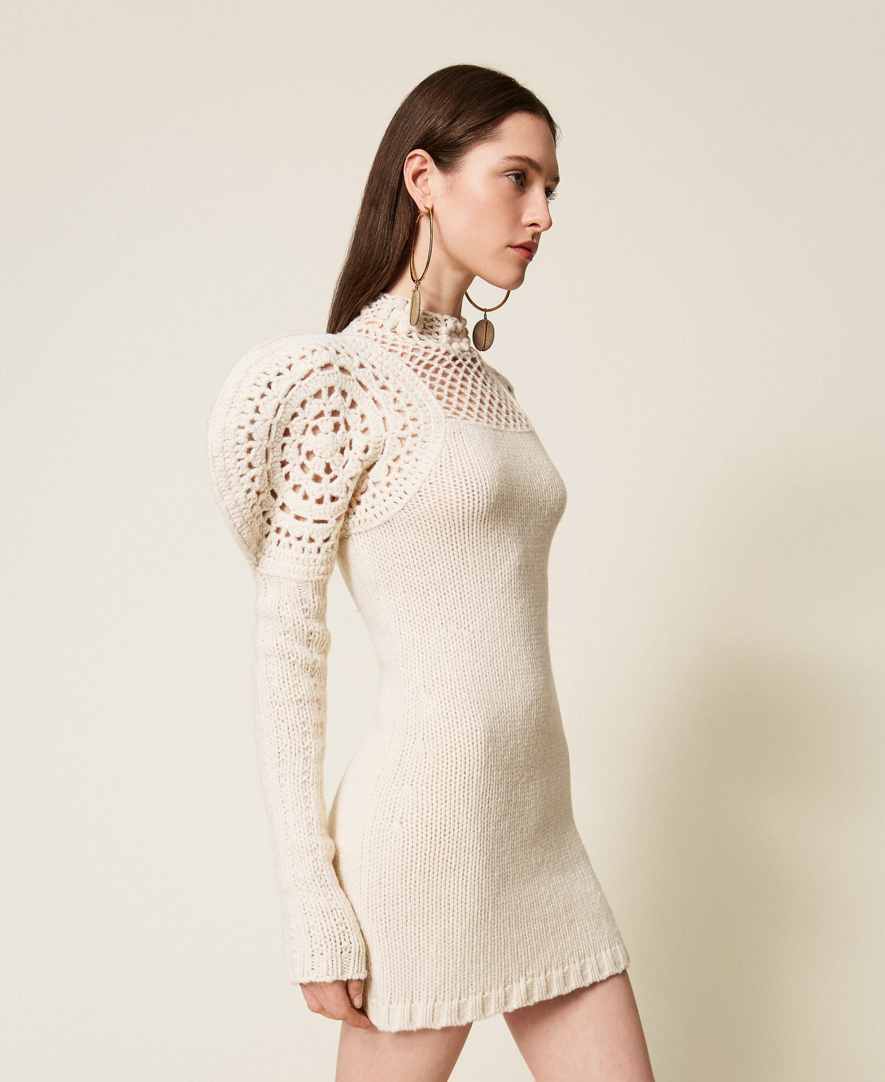 Short wool knit dress with crochet work White Snow Woman 252TS3140_00282_02