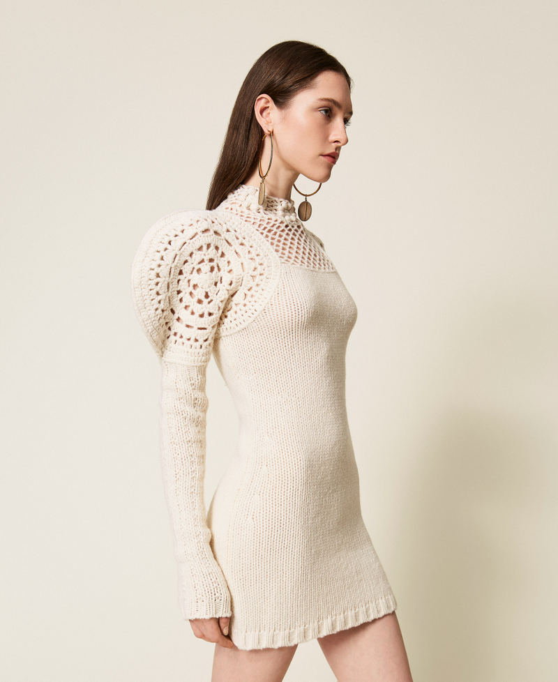 Short wool knit dress with crochet work White Snow Woman 252TS3140_00282_02