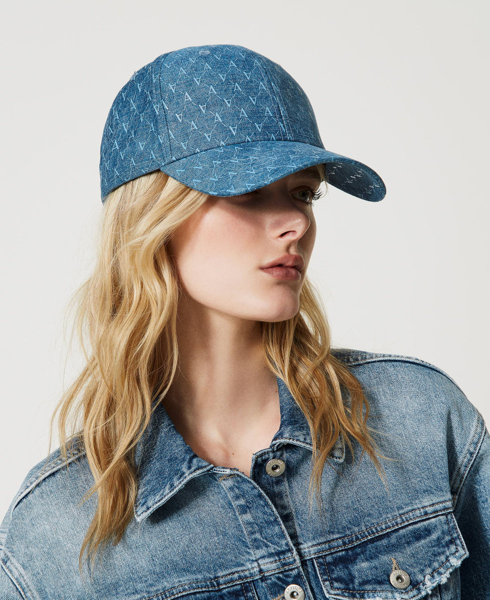 Denim cap with all over logo Woman, Blue | TWINSET Milano