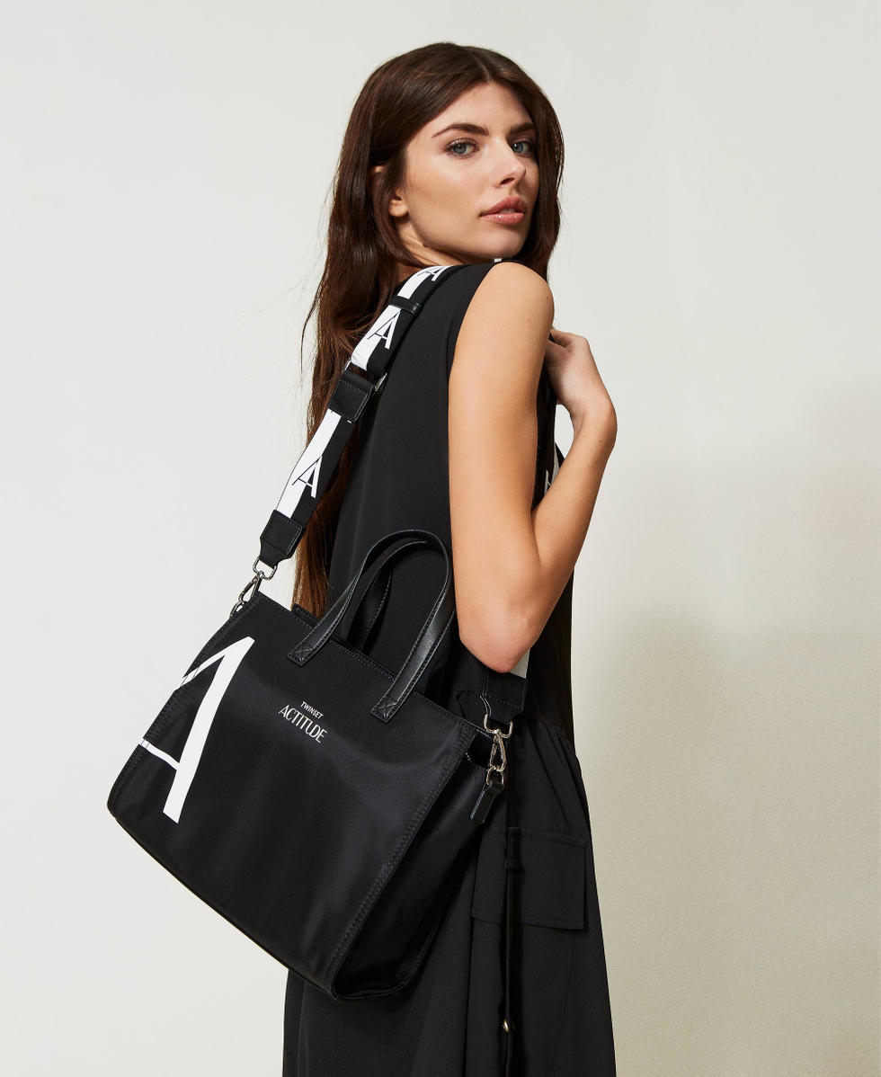 Bolso shopper mediano con correa con logotipo Mujer Negro TWINSET Milano