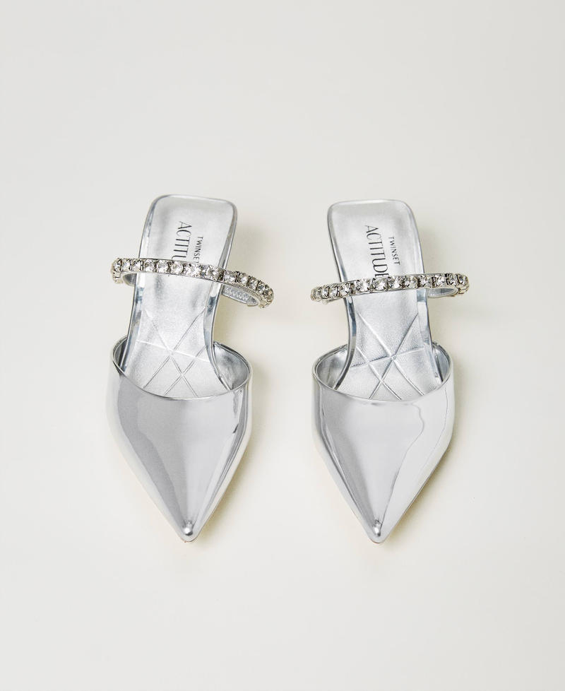 Laminated mules with full rhinestone strap Silver Woman 231ACP034-04