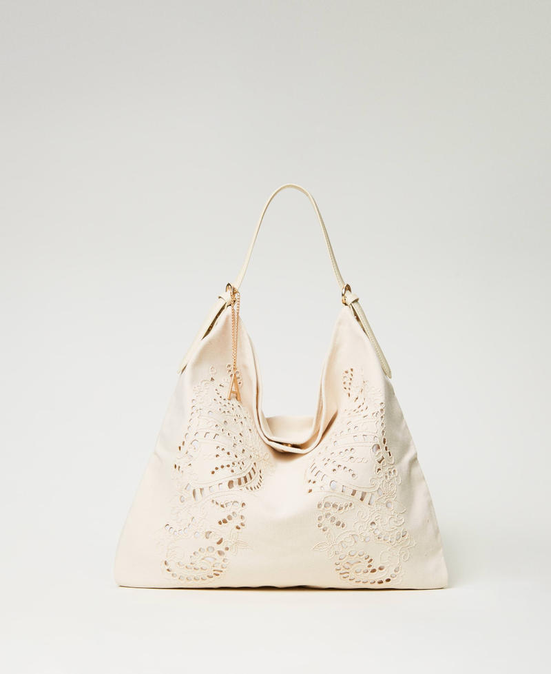Canvas hobo bag with embroidery Pale Cream Woman 231AO8090-01