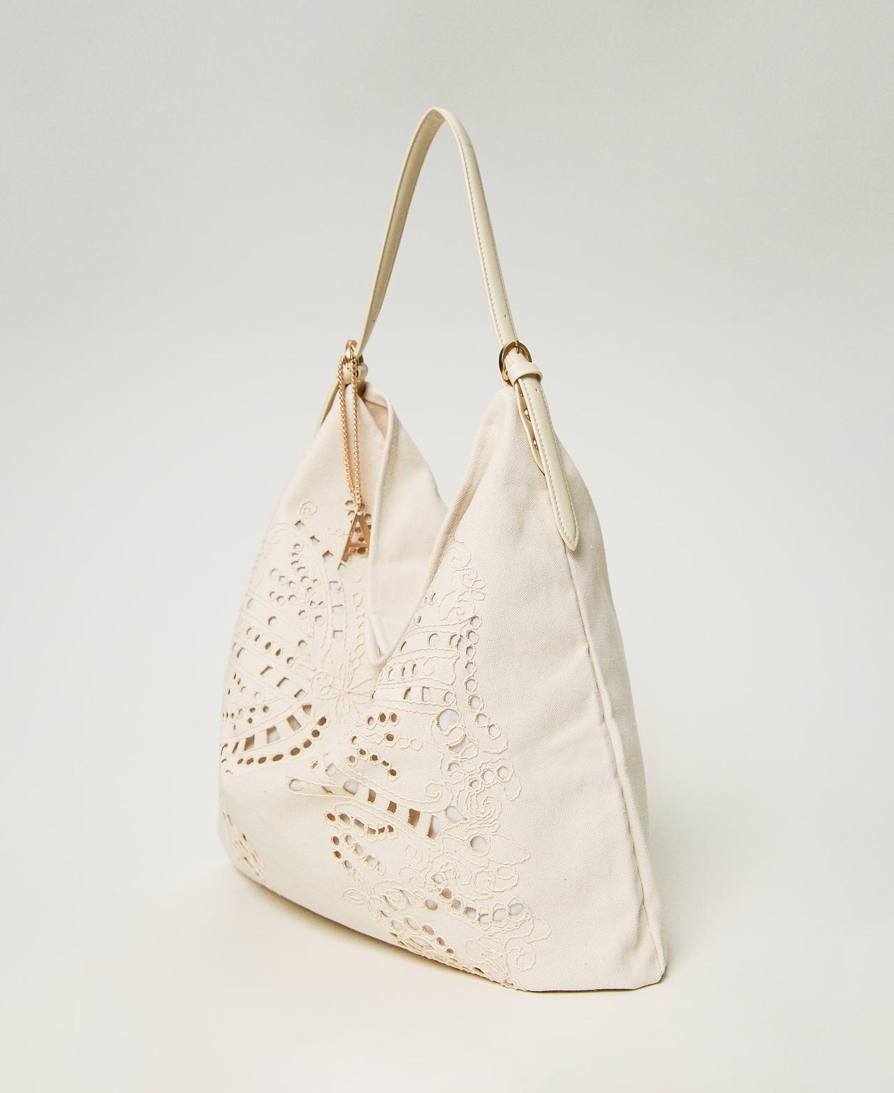 Canvas hobo bag with embroidery Pale Cream Woman 231AO8090-02