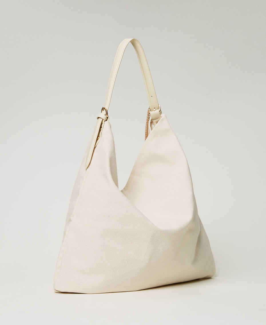 Canvas hobo bag with embroidery Pale Cream Woman 231AO8090-03