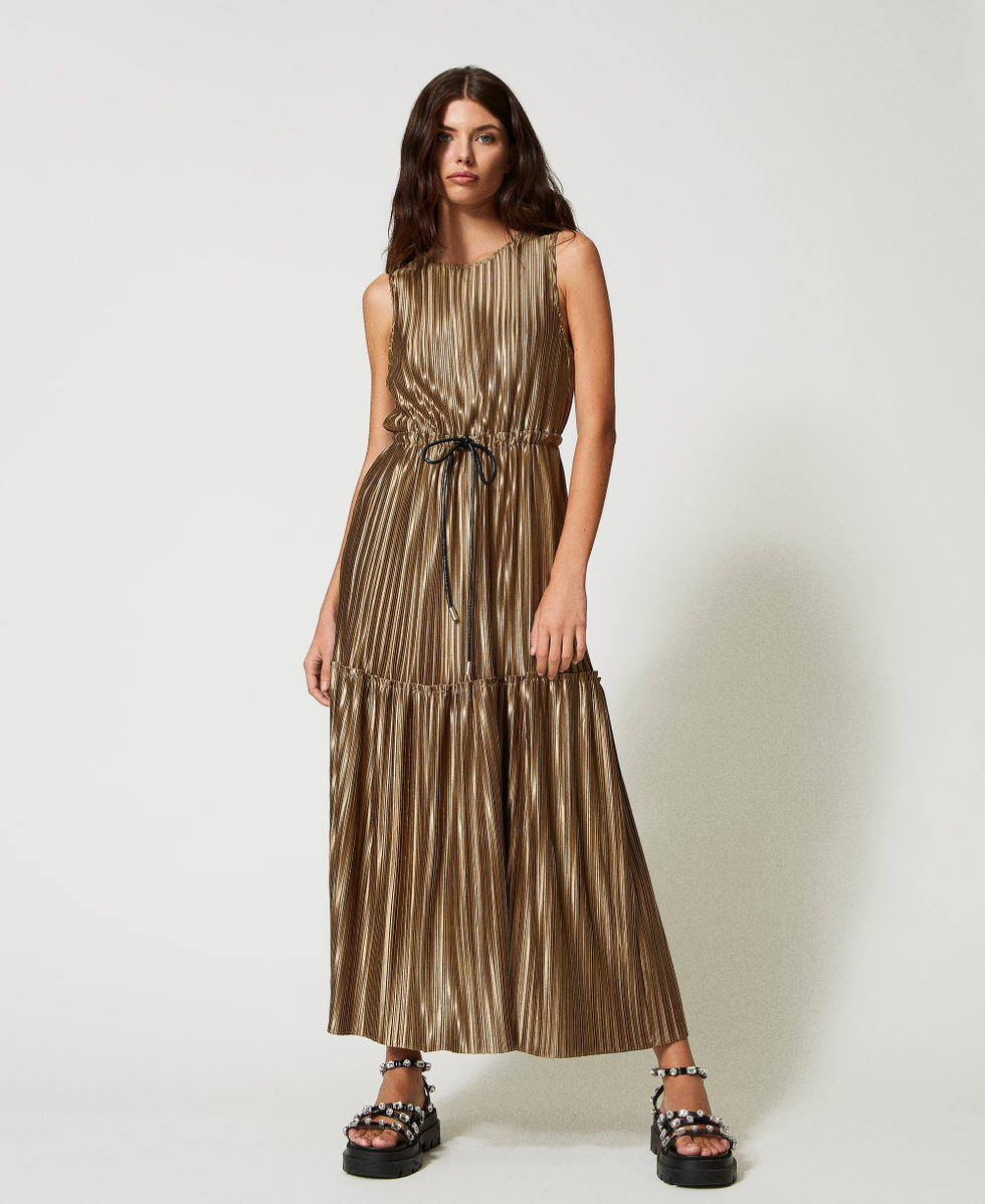 Laminated pleated long dress