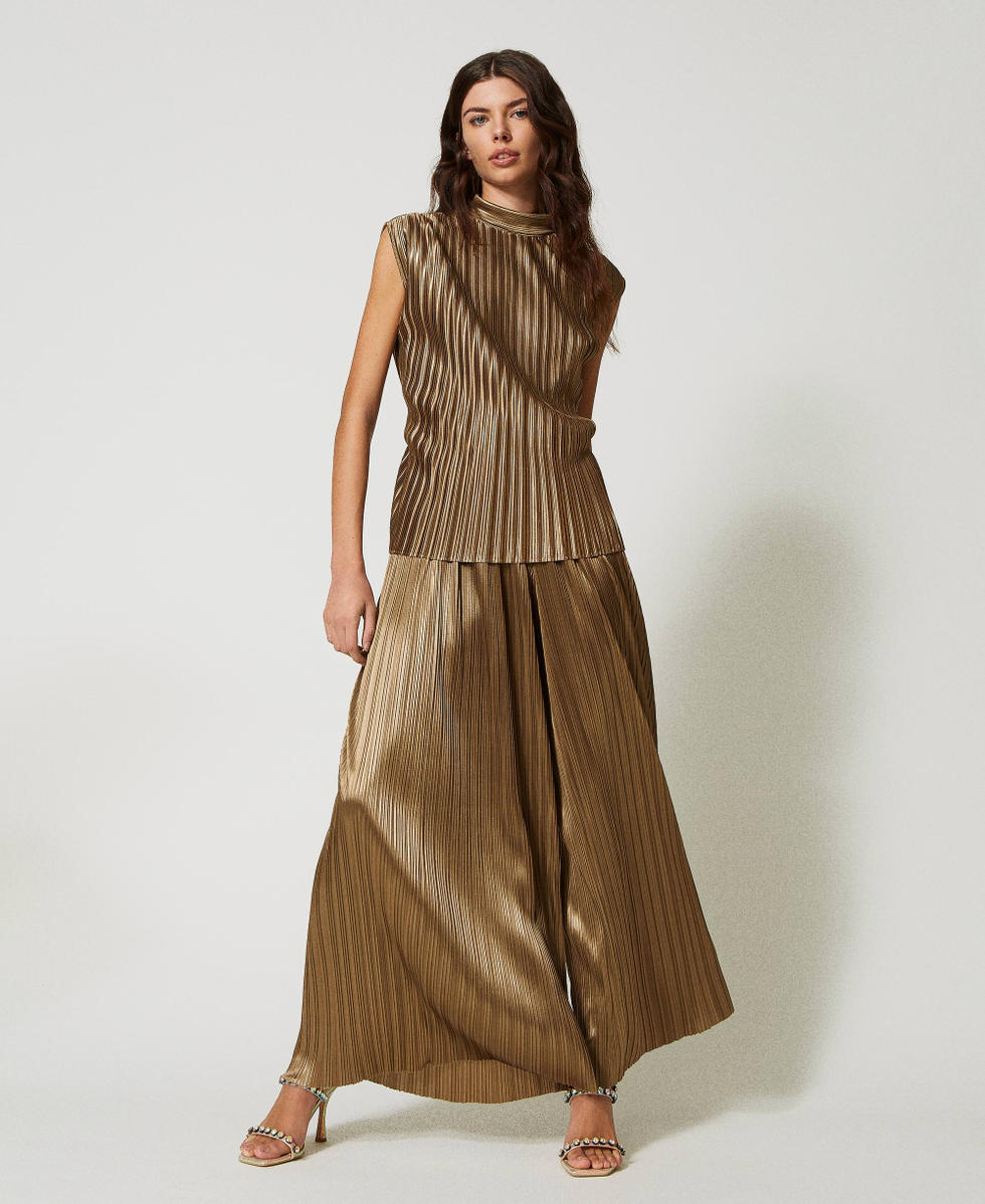 Laminated pleated trousers Woman, Brown | TWINSET Milano
