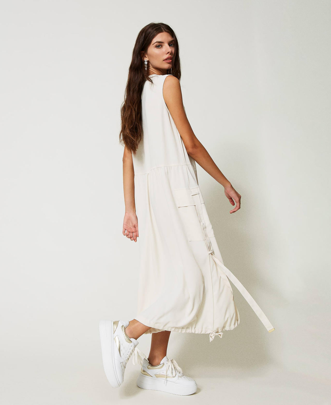 Midi dress made with recycled polyester crêpe de Chine Pale Cream Woman 231AP207A-03