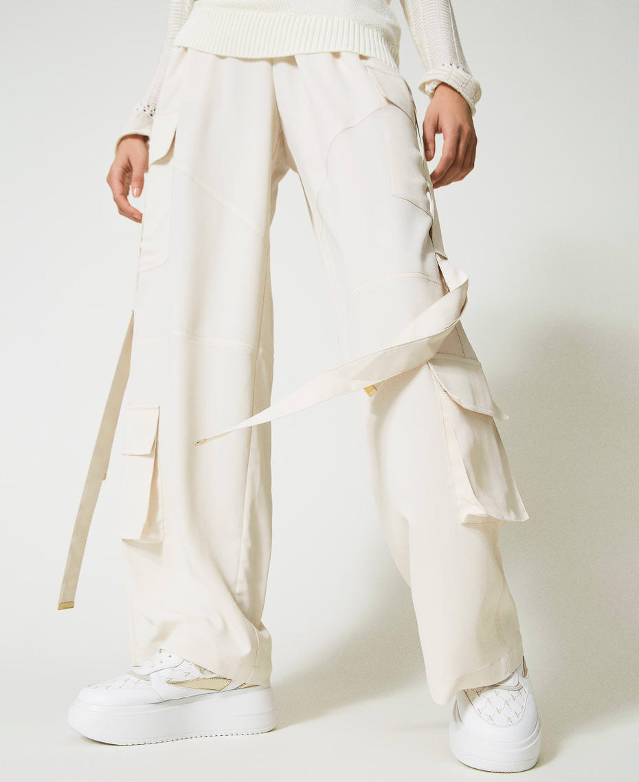 Crêpe de Chine cargo trousers made with recycled polyester Pale Cream Woman 231AP207B-05