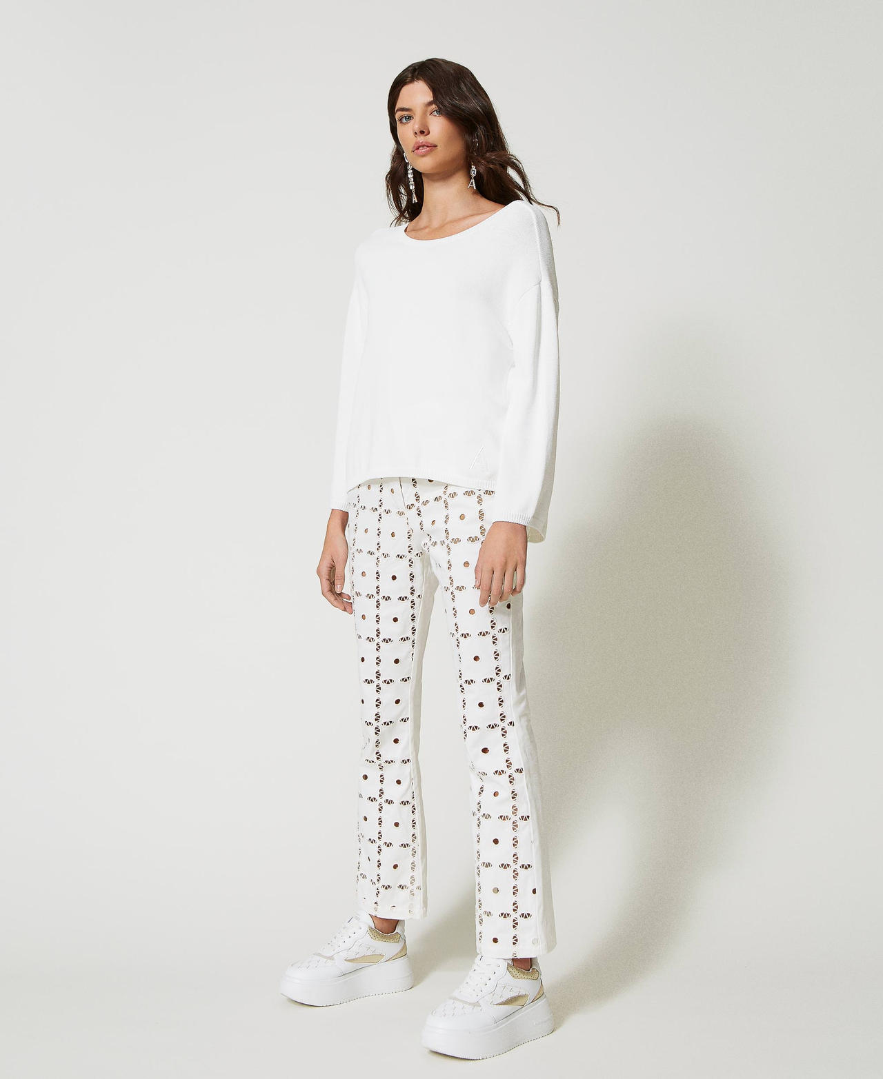 Embroidered gabardine flared trousers Two-tone Mother of Pearl / “Kelp” Brown Woman 231AP208B-03