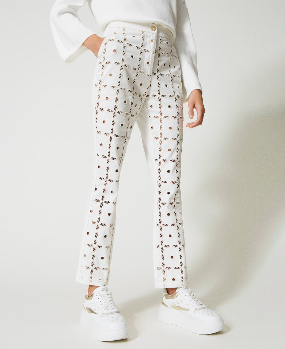 Embroidered gabardine flared trousers Two-tone Mother of Pearl / “Kelp” Brown Woman 231AP208B-04