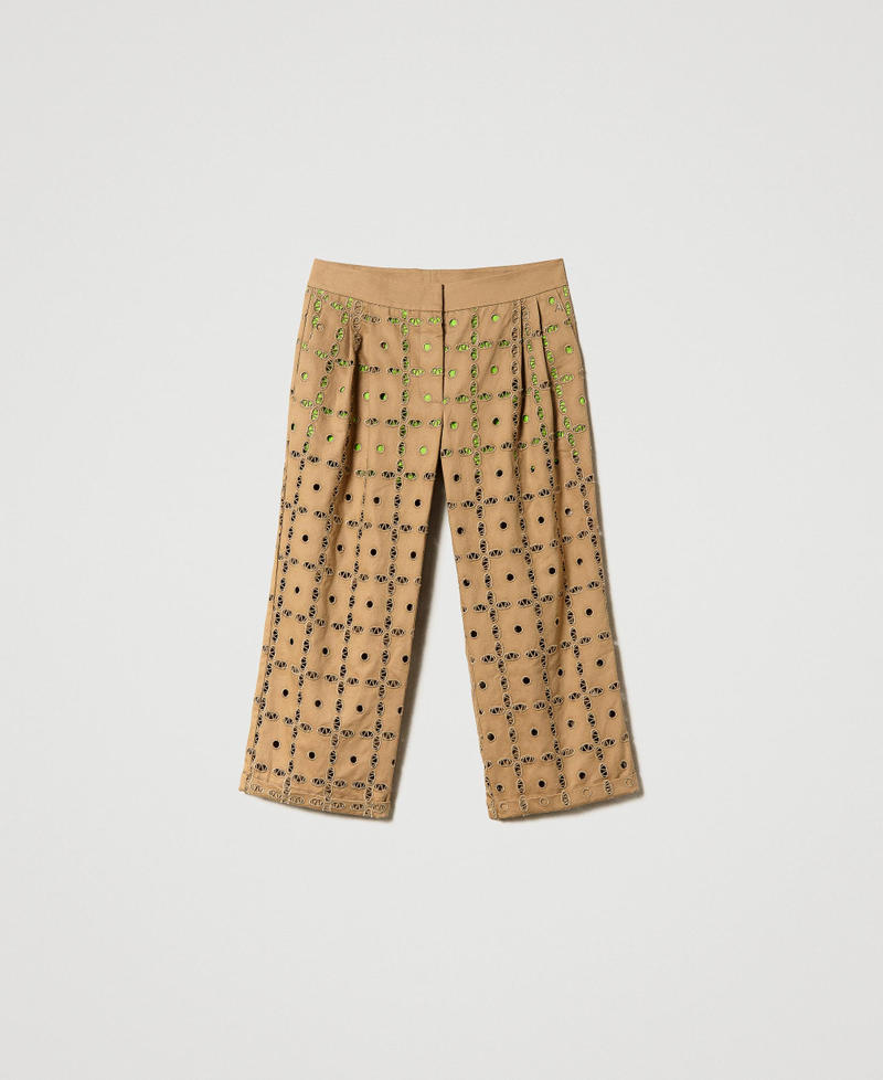 Pantalon cropped en gabardine brodée Bicolore Marron « Kelp »/Citron Vert Femme 231AP208C-0S