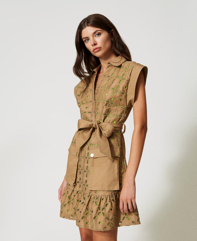 Короткое платье из габардина с вышивкой Двухцветный Коричневый "Ламинария" / Зеленый Лайм женщина 231AP208F-03