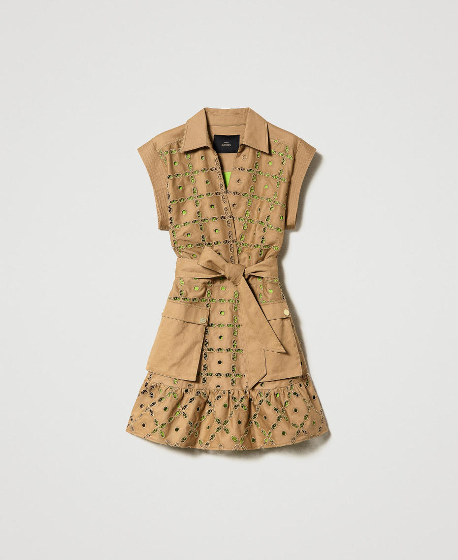 Короткое платье из габардина с вышивкой Двухцветный Коричневый "Ламинария" / Зеленый Лайм женщина 231AP208F-0S