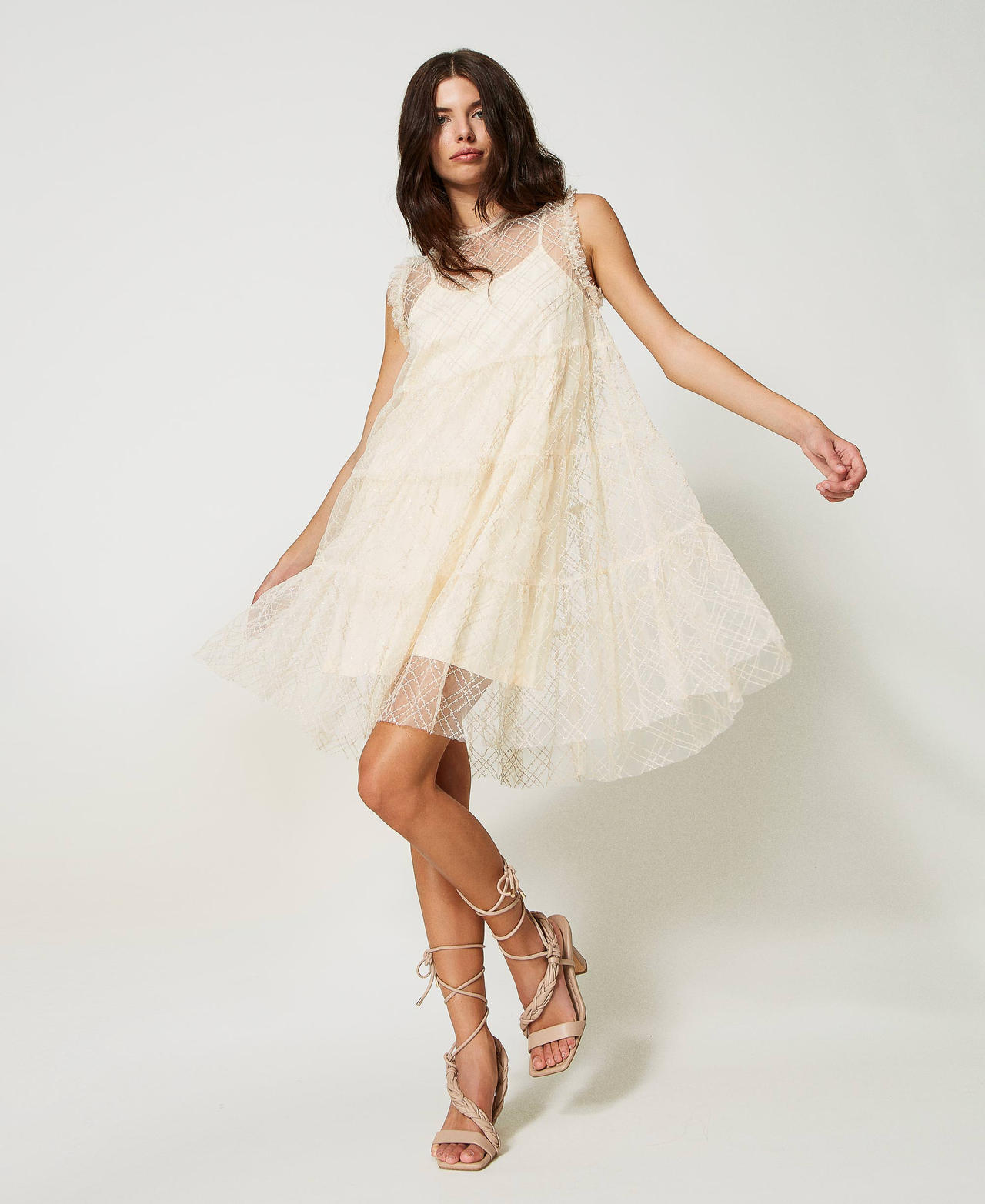 Flounced tulle dress with sequin embroidery Pale Cream Woman 231AP2135-02